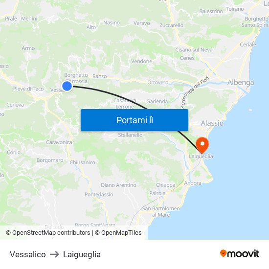 Vessalico to Laigueglia map