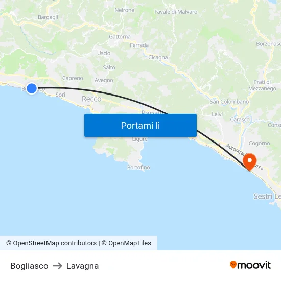 Bogliasco to Lavagna map
