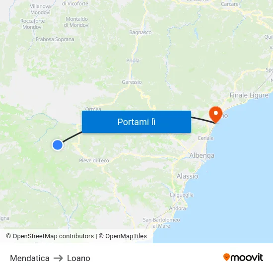 Mendatica to Loano map