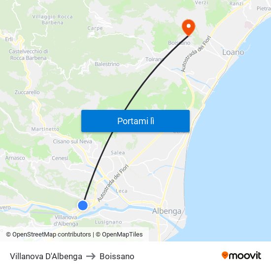 Villanova D'Albenga to Boissano map