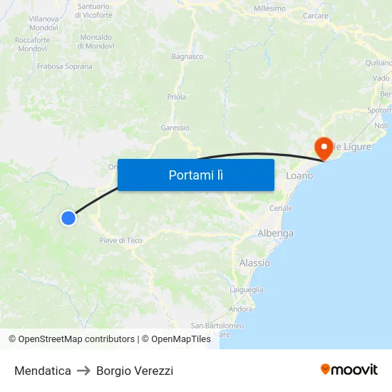 Mendatica to Borgio Verezzi map