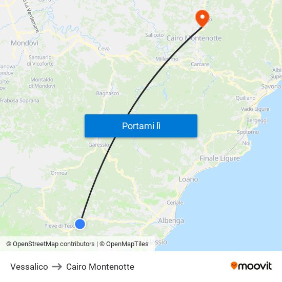 Vessalico to Cairo Montenotte map