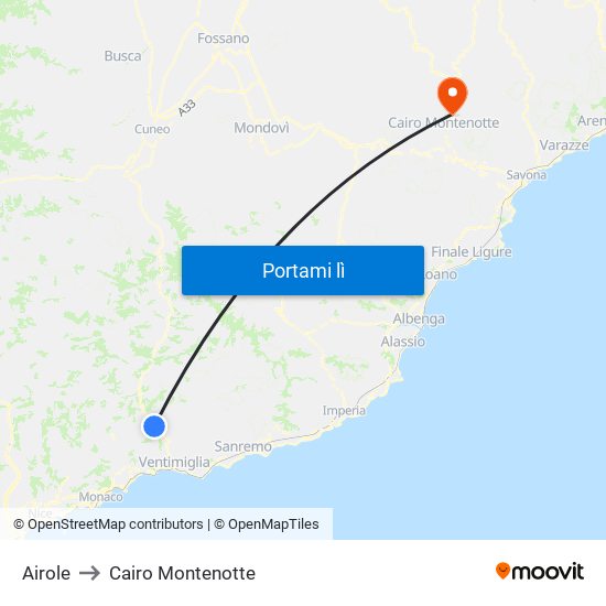 Airole to Cairo Montenotte map