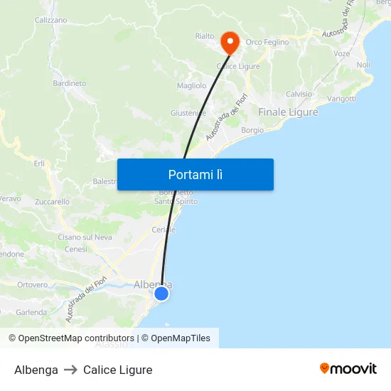 Albenga to Calice Ligure map