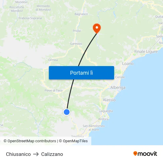 Chiusanico to Calizzano map