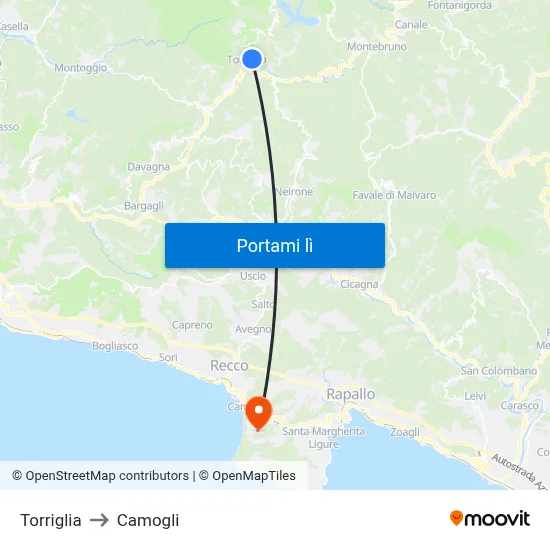Torriglia to Camogli map