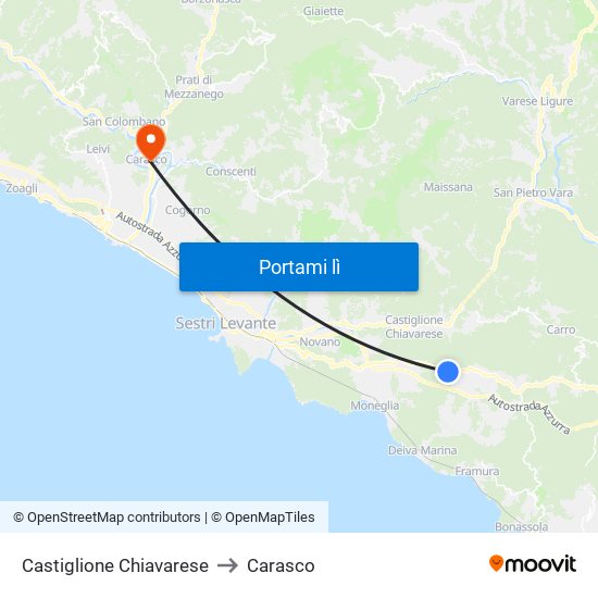 Castiglione Chiavarese to Carasco map