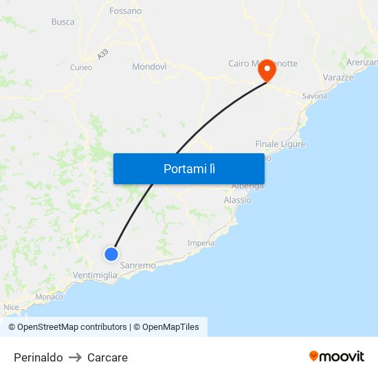 Perinaldo to Carcare map