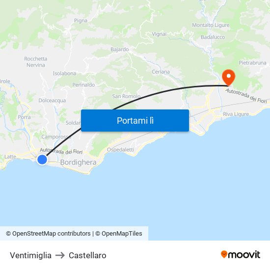 Ventimiglia to Castellaro map