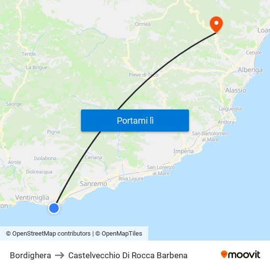 Bordighera to Castelvecchio Di Rocca Barbena map