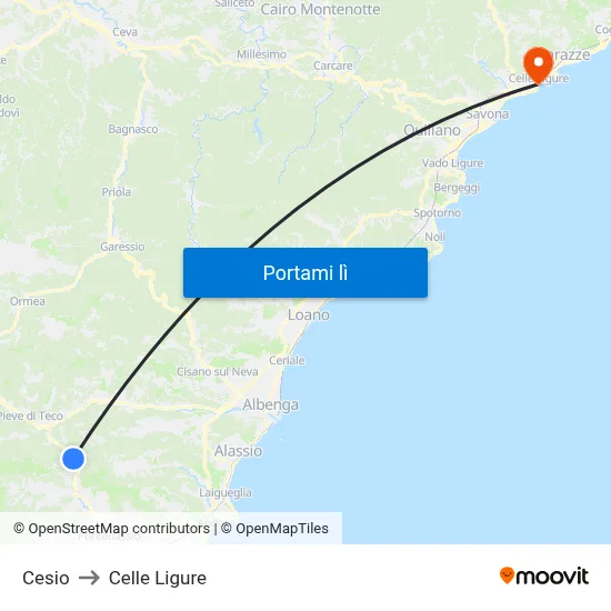 Cesio to Celle Ligure map