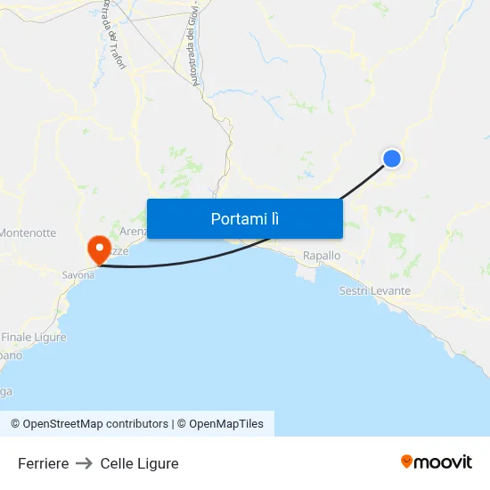 Ferriere to Celle Ligure map