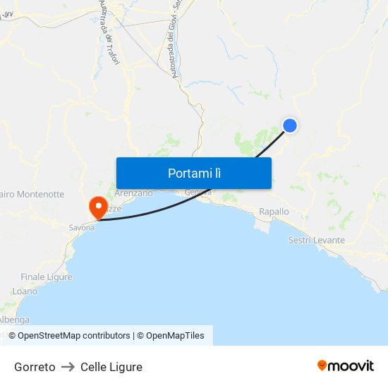 Gorreto to Celle Ligure map