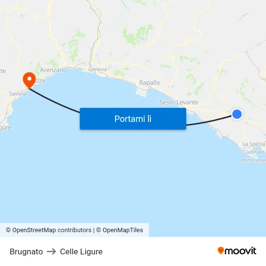 Brugnato to Celle Ligure map