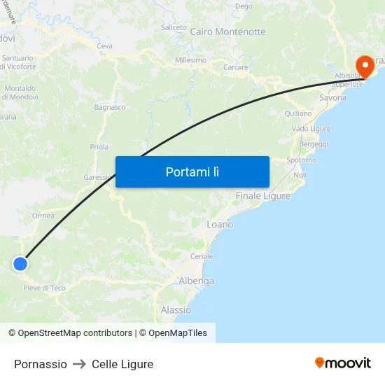 Pornassio to Celle Ligure map