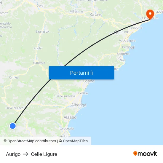 Aurigo to Celle Ligure map