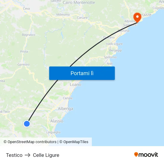 Testico to Celle Ligure map