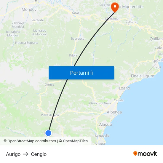 Aurigo to Cengio map