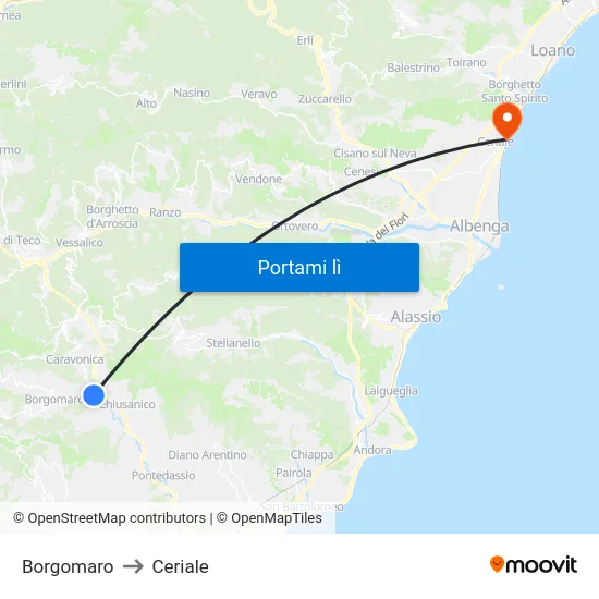 Borgomaro to Ceriale map