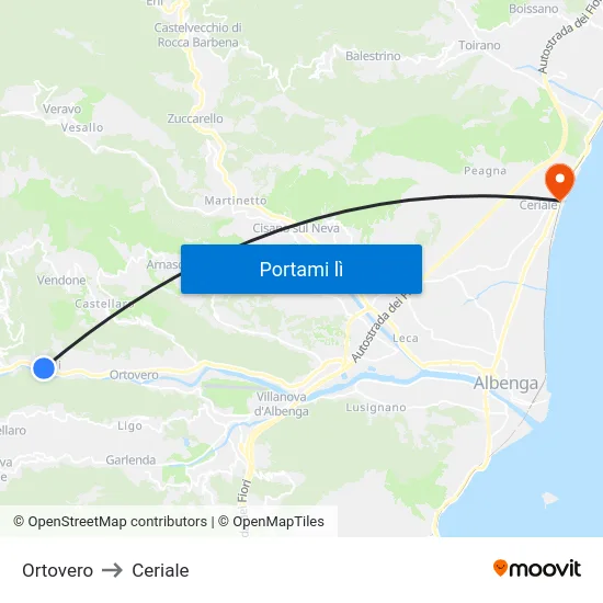 Ortovero to Ceriale map