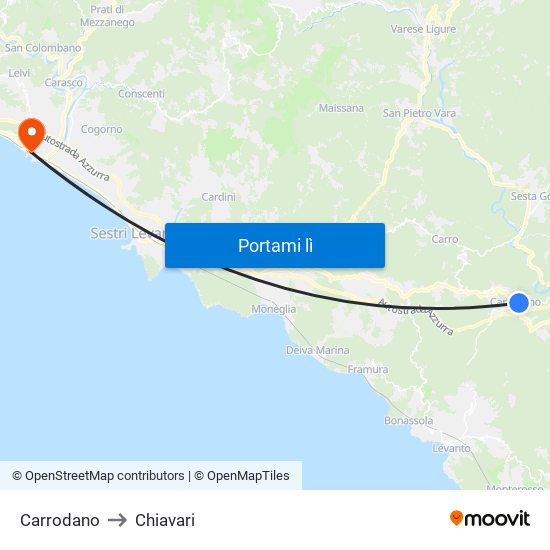 Carrodano to Chiavari map