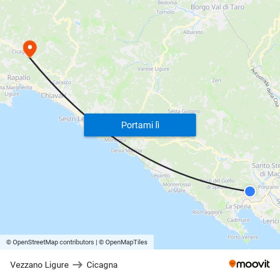 Vezzano Ligure to Cicagna map