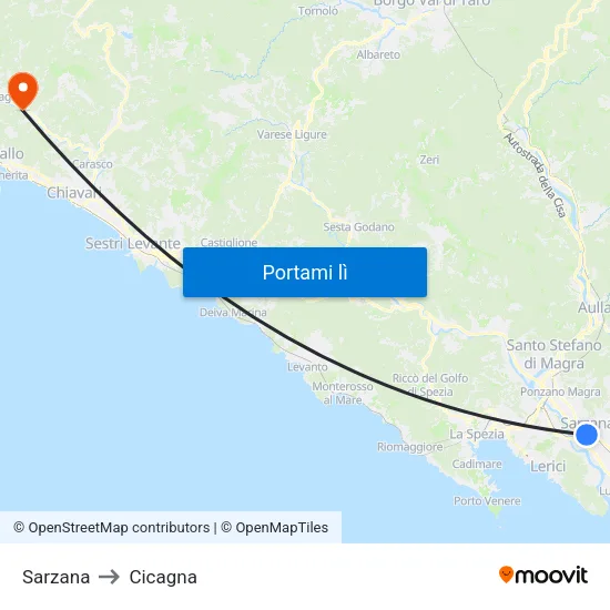 Sarzana to Cicagna map