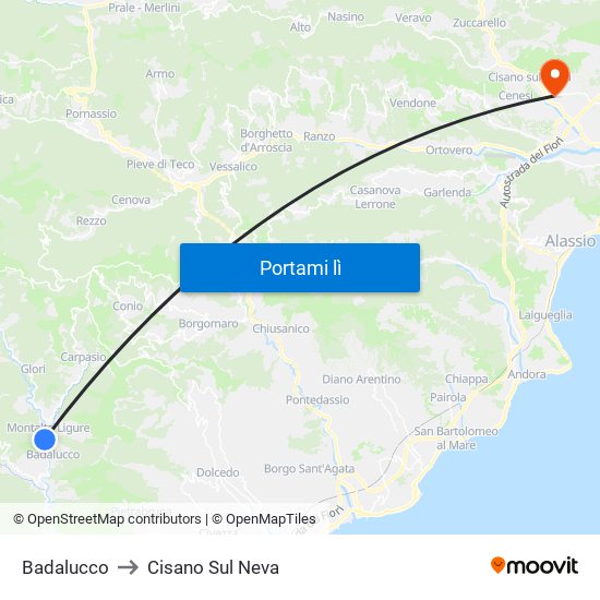 Badalucco to Cisano Sul Neva map