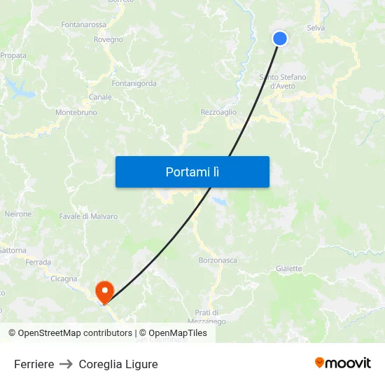 Ferriere to Coreglia Ligure map