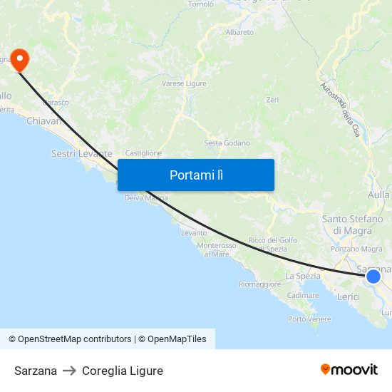 Sarzana to Coreglia Ligure map