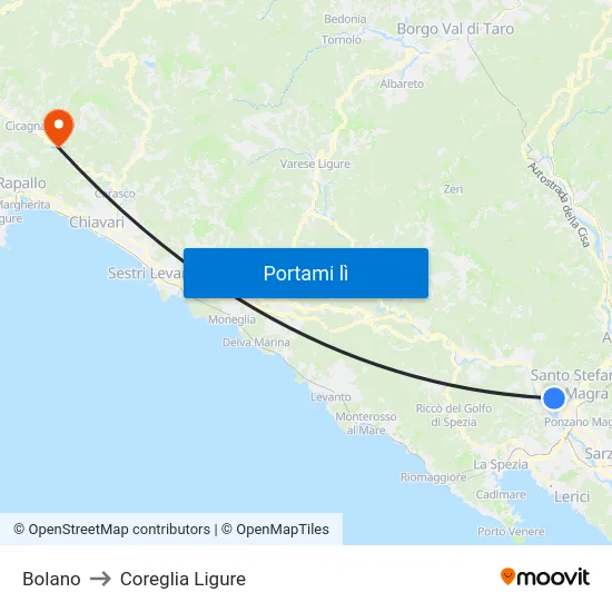 Bolano to Coreglia Ligure map