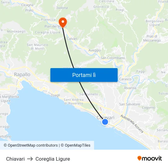 Chiavari to Coreglia Ligure map