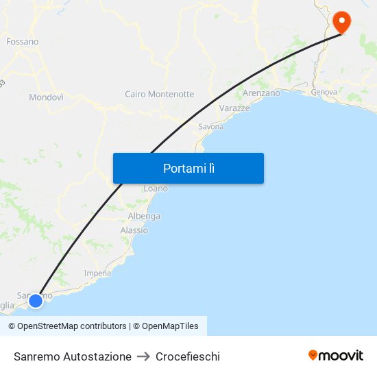 Sanremo Autostazione to Crocefieschi map