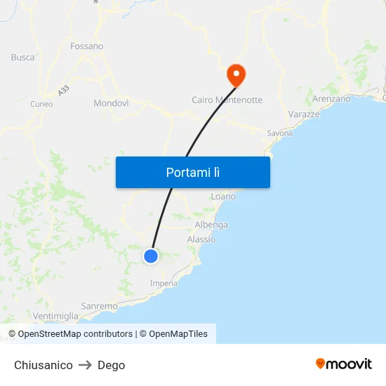 Chiusanico to Dego map