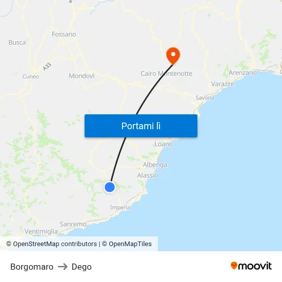 Borgomaro to Dego map