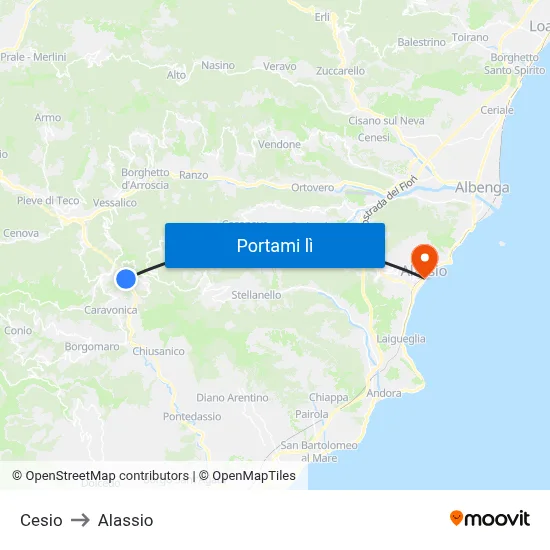 Cesio to Alassio map