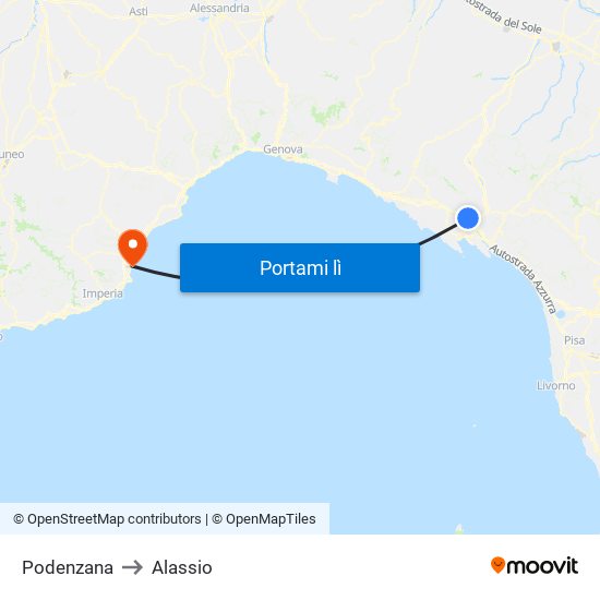 Podenzana to Alassio map