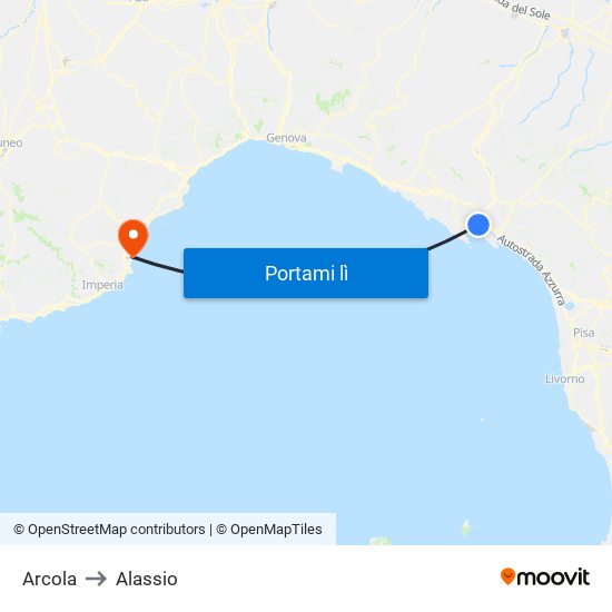 Arcola to Alassio map