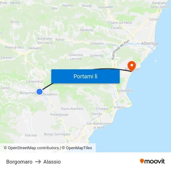 Borgomaro to Alassio map