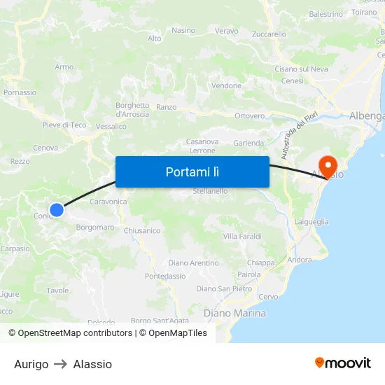 Aurigo to Alassio map