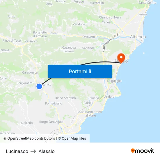 Lucinasco to Alassio map