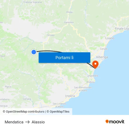 Mendatica to Alassio map