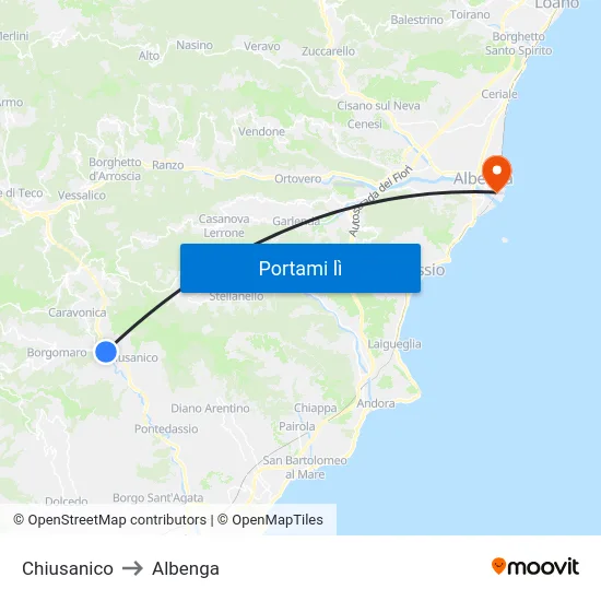 Chiusanico to Albenga map