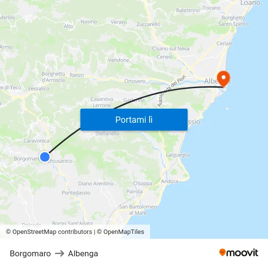 Borgomaro to Albenga map