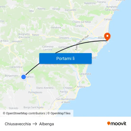 Chiusavecchia to Albenga map