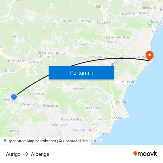 Aurigo to Albenga map
