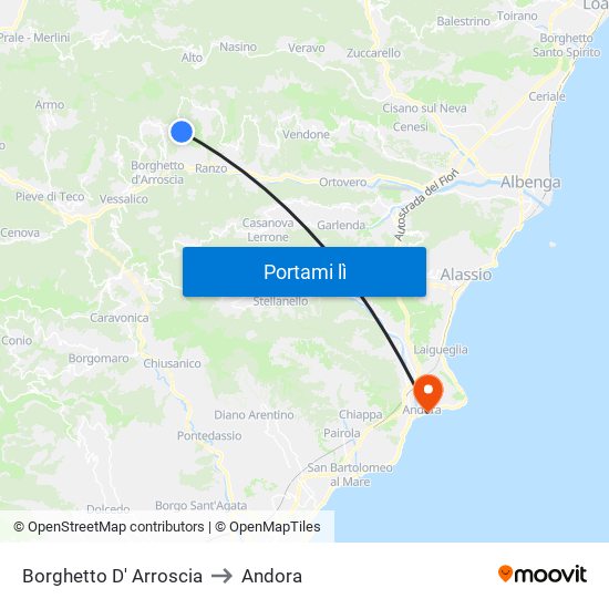 Borghetto D' Arroscia to Andora map