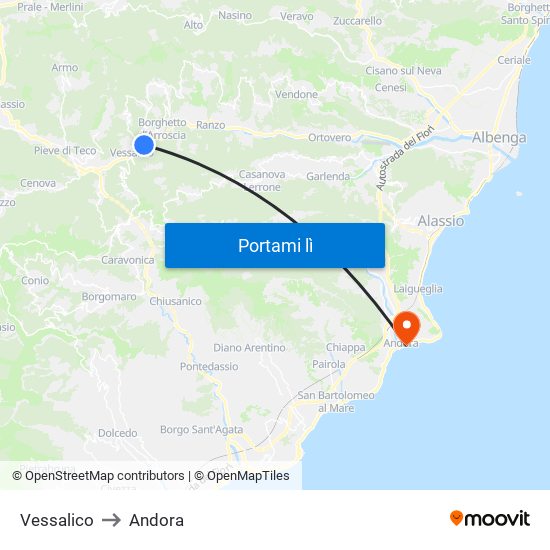 Vessalico to Andora map