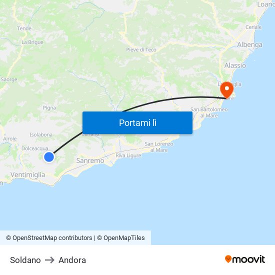 Soldano to Andora map