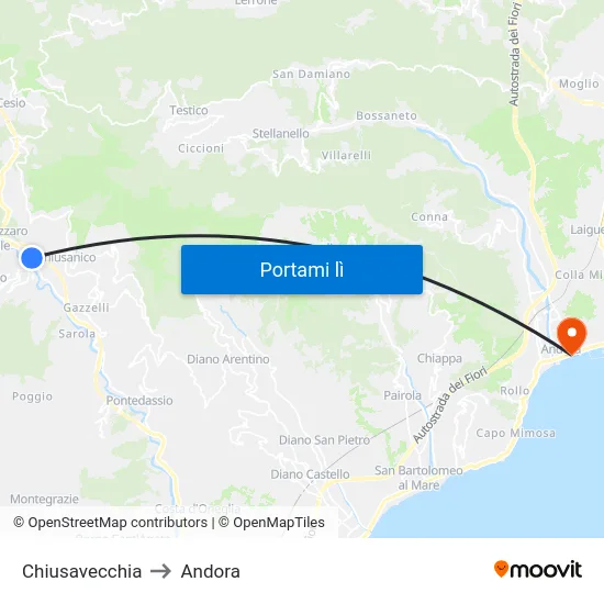 Chiusavecchia to Andora map